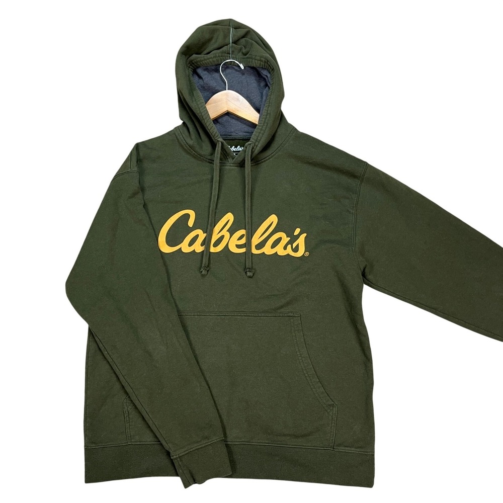 Cabela's Hoodie Mens Medium Green Sweatshirt Classic Logo Pullover Fleece EUC